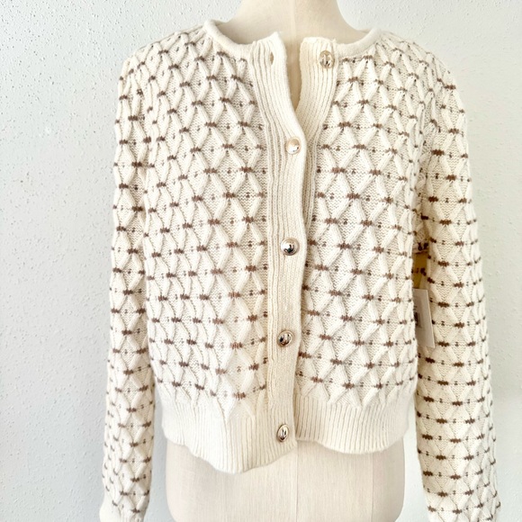 New ELLEN TRACY Ivory Brown Chunky Crop Knit Cardigan Sweater Women's Size Large - Picture 3 of 6